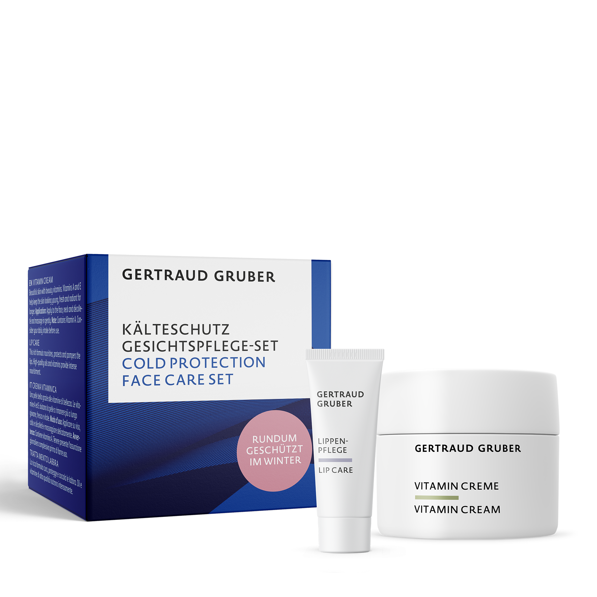 Kälteschutz Gesichtspflege-Set von GERTRAUD GRUBER mit Vitamin Creme und Lippenpflege vor der Geschenkverpackung