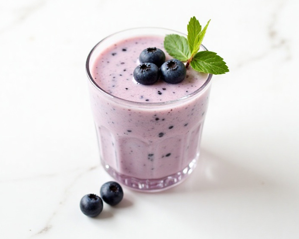 Glas mit Topfen-Kokos-Drink mit Blaubeeren und Verbene