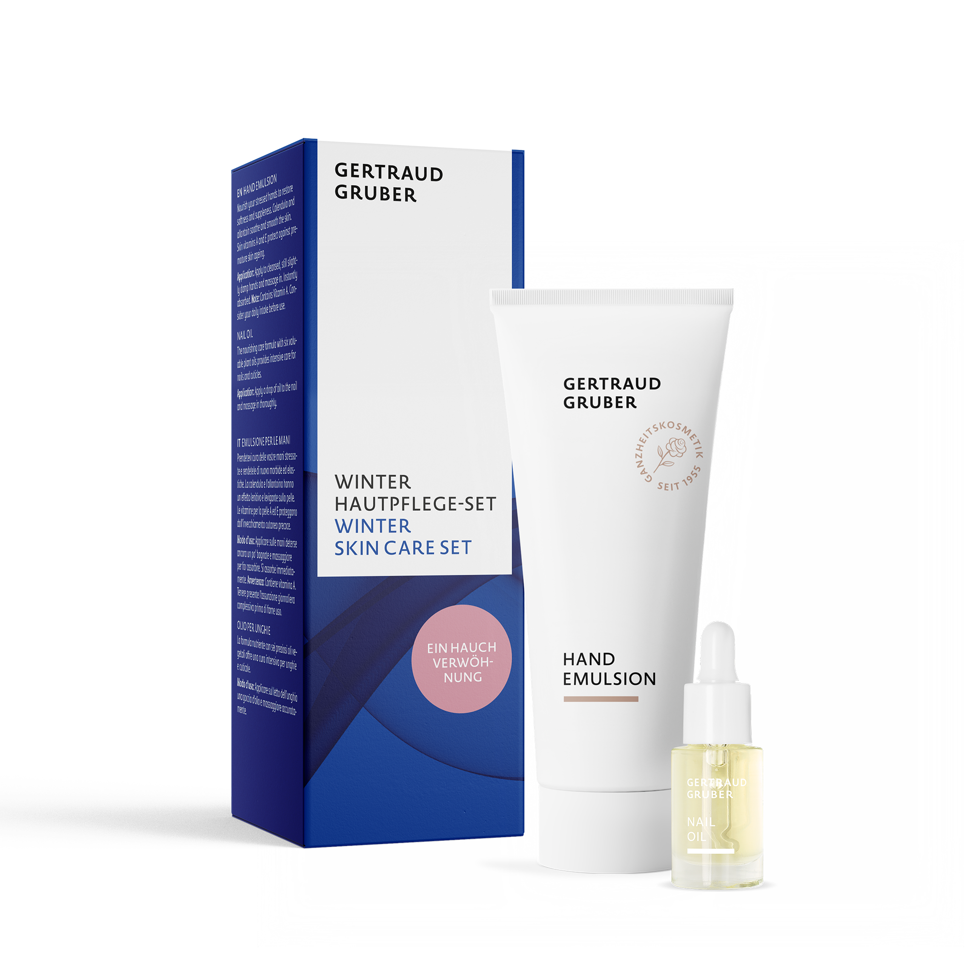 Winter Hautpflege-Set von GERTRAUD GRUBER mit Hand Emulsion und Nail Oil vor der Geschenkverpackung