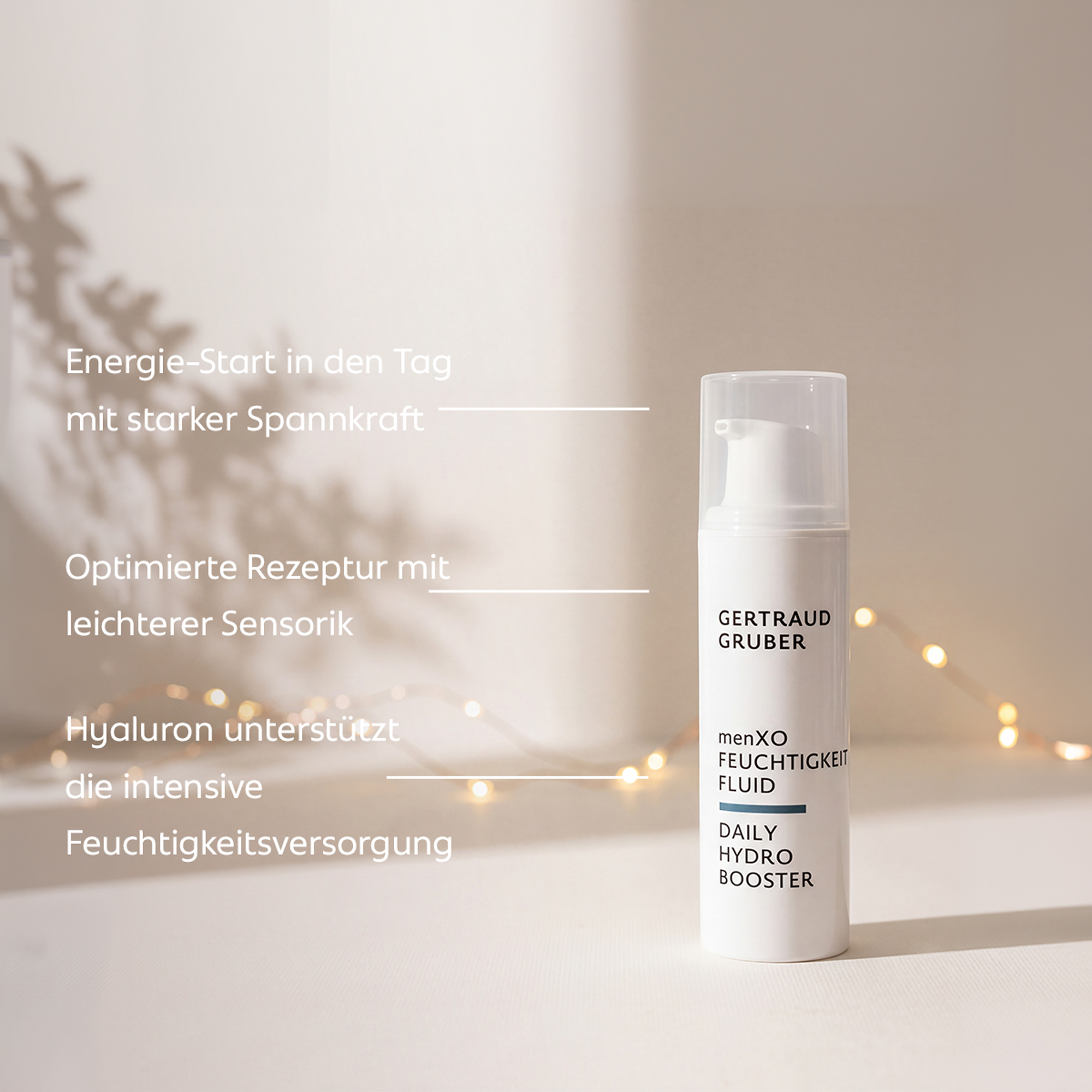 Gertraud Gruber menXO Feuchtigkeitsfluid Daily Hydro Booster mit Hyaluron für intensive Feuchtigkeitsversorgung und ein vitales Hautgefühl.