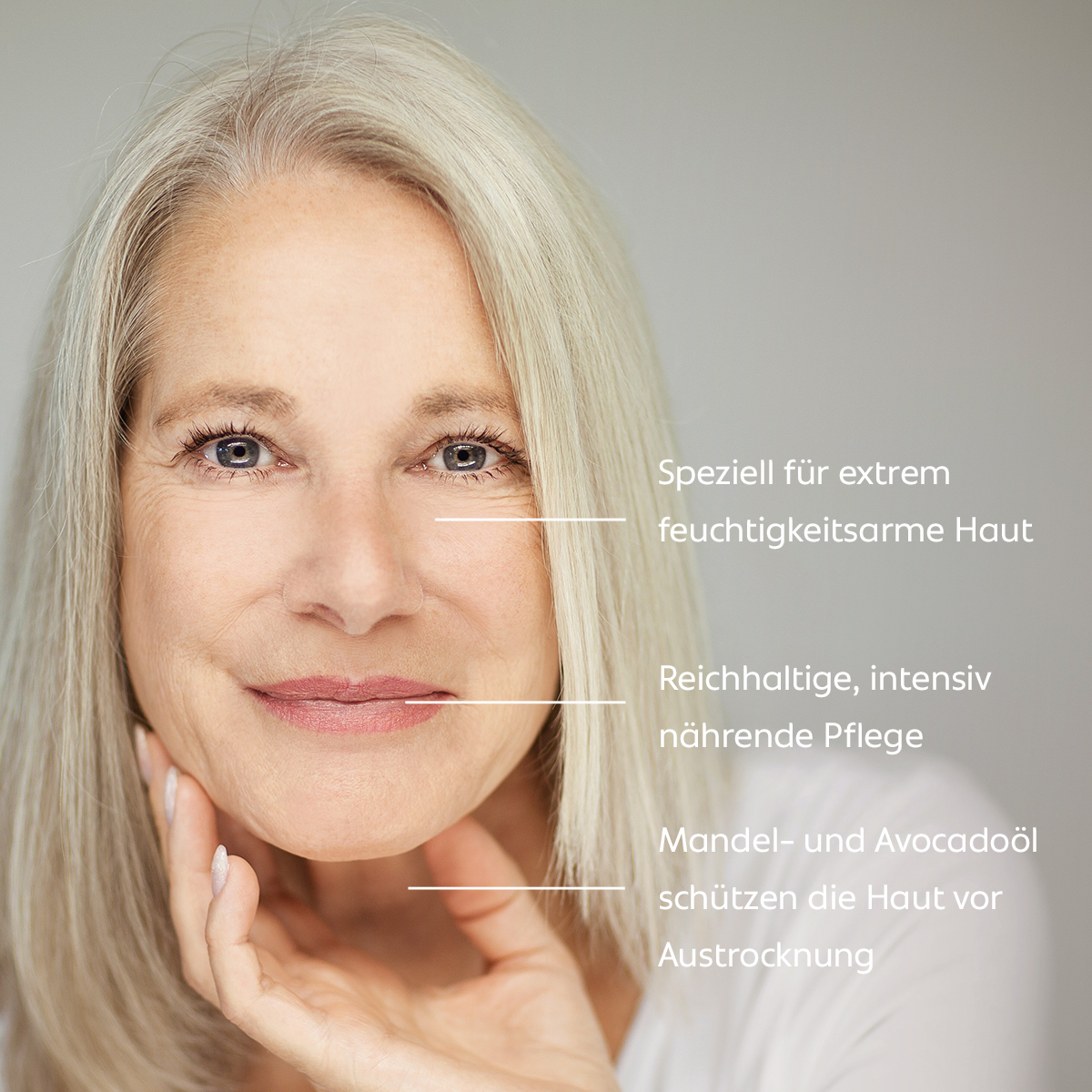 Eine Frau mit gepflegter, reifer Haut lächelt sanft; der Text beschreibt: intensive Pflege für sehr trockene Haut, nährt reichhaltig und schützt vor dem Austrocknen.