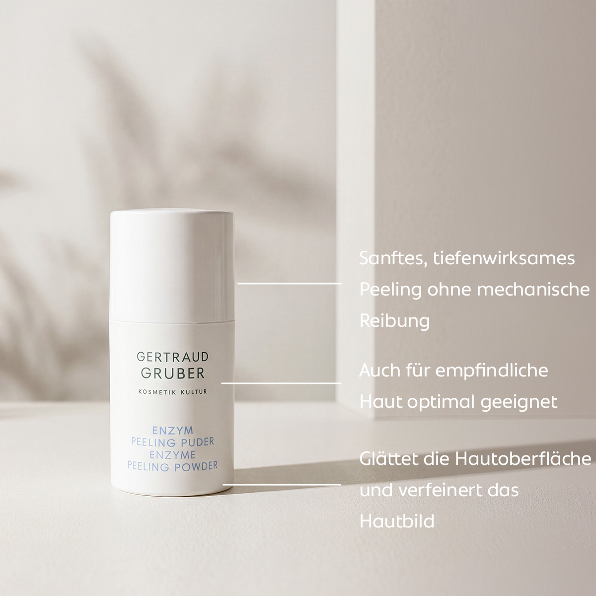Gertraud Gruber Enzym Peeling Puder für alle Hauttypen zur besonders sanften, tiefenwirksamen Entfernung abgestorbener Hautschüppchen und für ein verfeinertes, glatteres Hautbild – auch bei empfindlicher Haut geeignet.