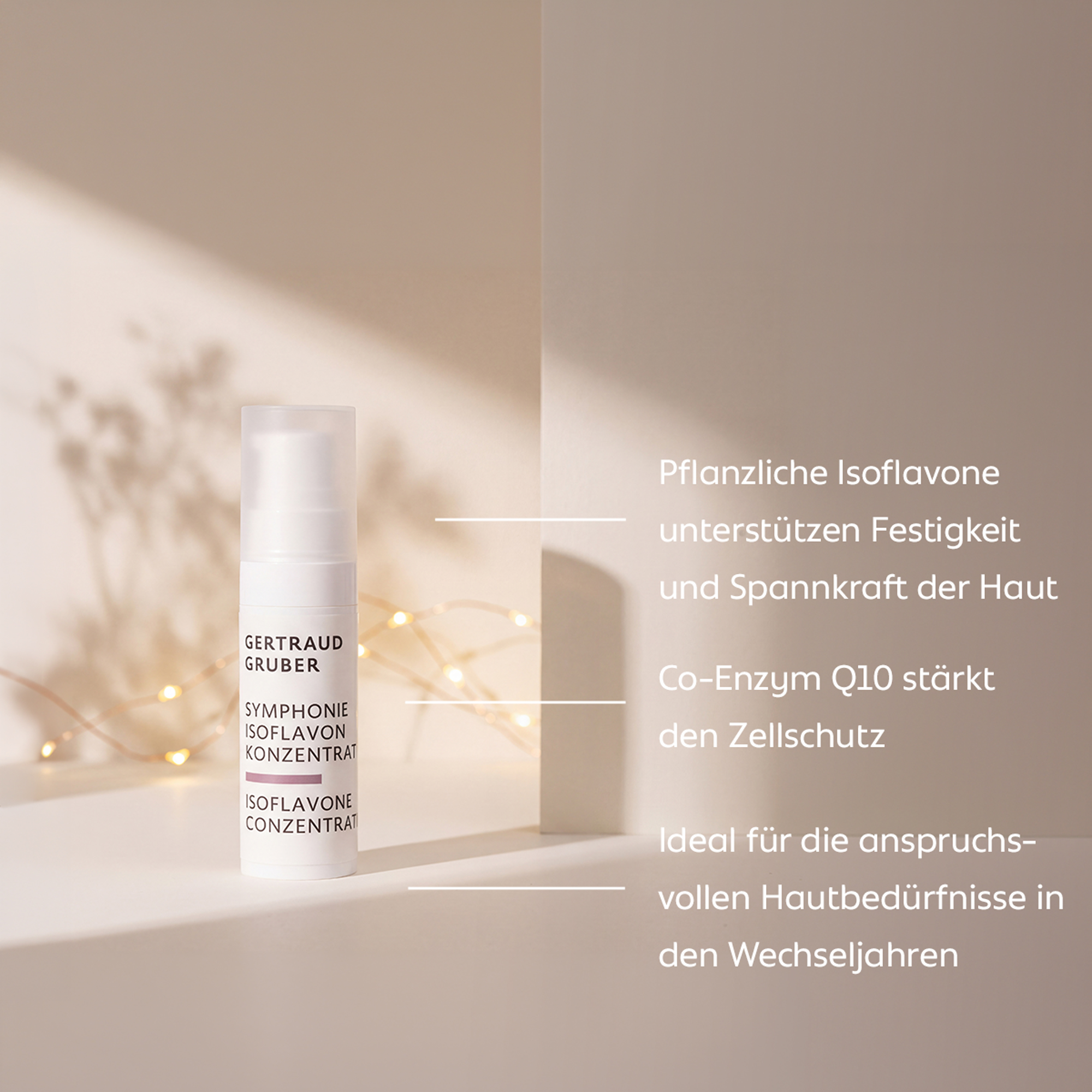 Gertraud Gruber SYMPHONIE Isoflavon Konzentrat vor warmem Hintergrund – Gesichtspflege mit Isoflavonen und Co-Enzym Q10 für Festigkeit, Spannkraft und Zellschutz.