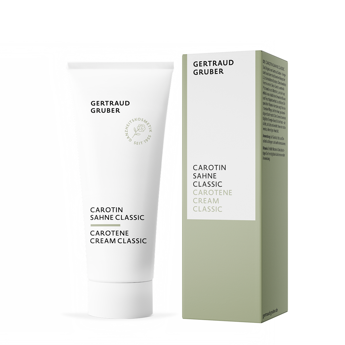 Carotin Sahne Classic von Gertraud Gruber Kosmetik als nährende, schützende Gesichtscreme in der Tube mit grüner Faltschachtel