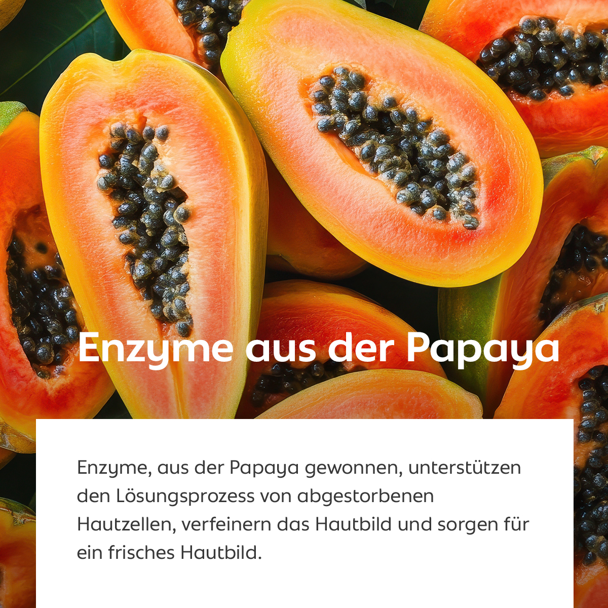 Aufgeschnittene Papayafrüchte mit schwarzen Kernen, Symbol für Hauterneuerung und Frische