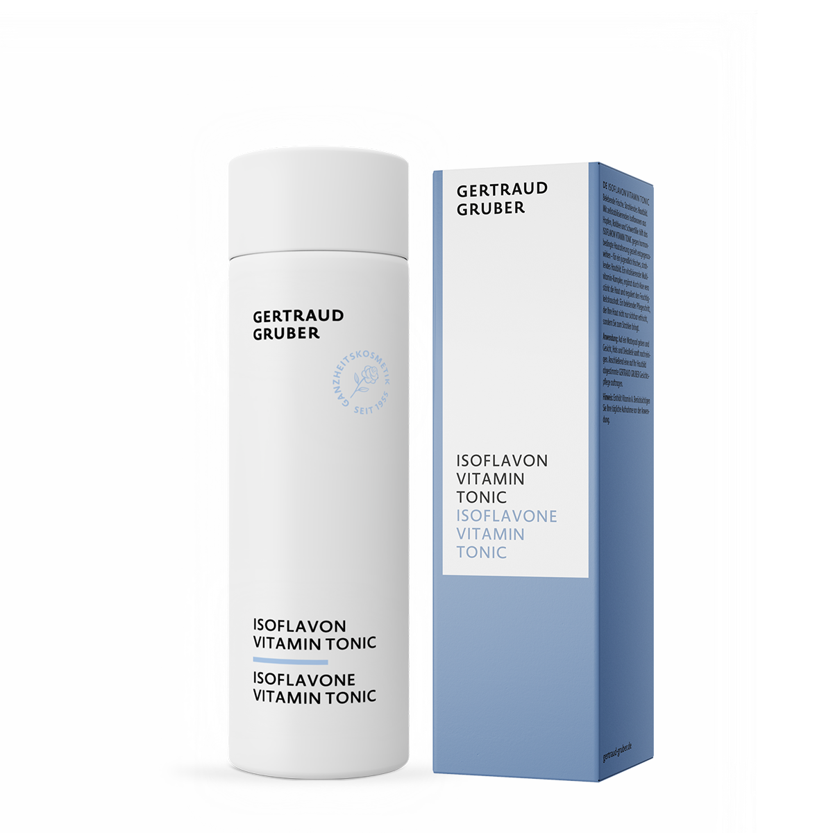 Isoflavon Vitamin Tonic von Gertraud Gruber Kosmetik als erfrischendes, ausgleichendes Gesichtswasser für ein vitalisiertes Hautgefühl in der Flasche mit blauer Faltschachtel
