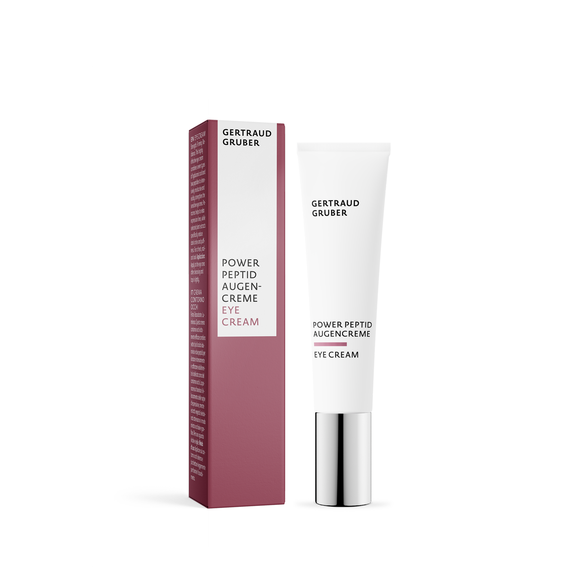 Power Peptid Augencreme in weißer Tube mit Faltschachtel von Gertraud Gruber Kosmetik