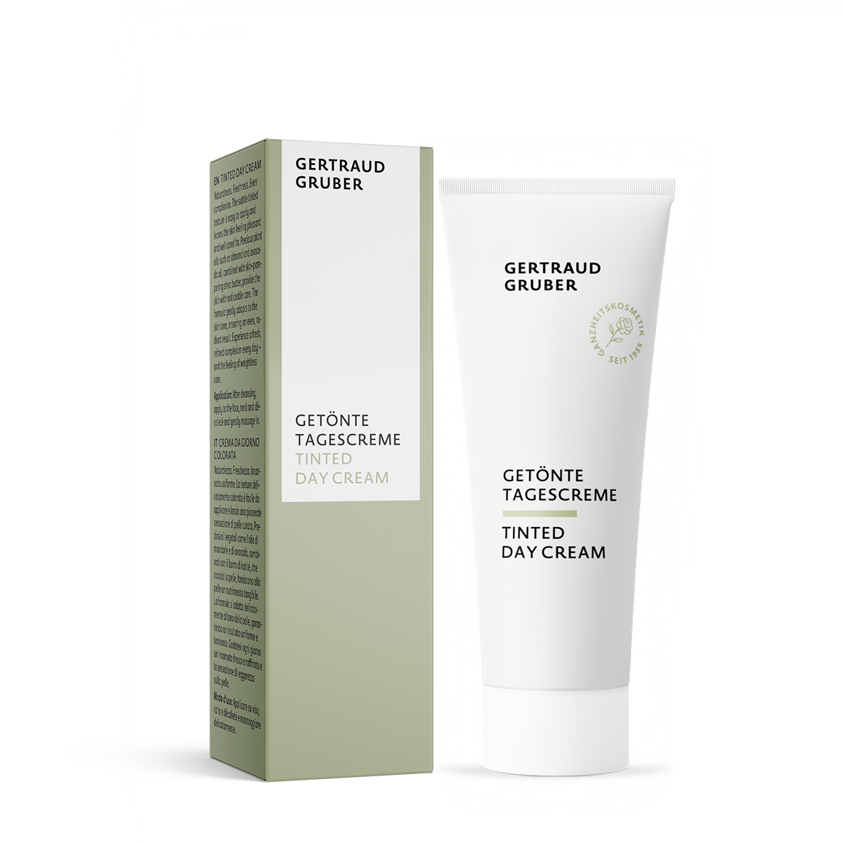 Getönte Tagescreme von Gertraud Gruber Kosmetik als ausgleichende Tagespflege mit leichter Tönung für einen ebenmäßigen Teint in der Tube mit grüner Faltschachtel