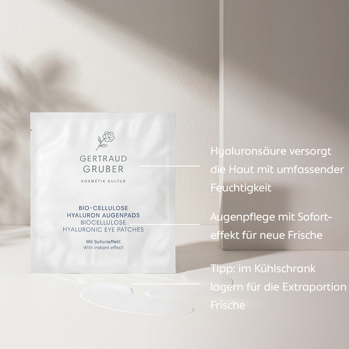 Gertraud Gruber Bio-Cellulose Hyaluron Augenpads mit Hyaluronsäure zur intensiven Feuchtigkeitsversorgung der Augenpartie und für einen sichtbar frischeren, erholten Blick mit Soforteffekt.