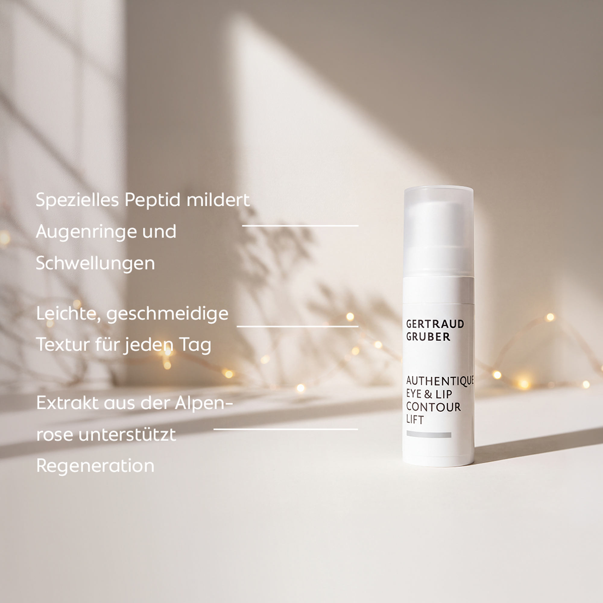 Gertraud Gruber AUTHENTIQUE Eye & Lip Contour Lift vor warmem Hintergrund – leichte Augen- und Lippenpflege mit Alpenrose für eine regenerierte, gepflegte Augenpartie.