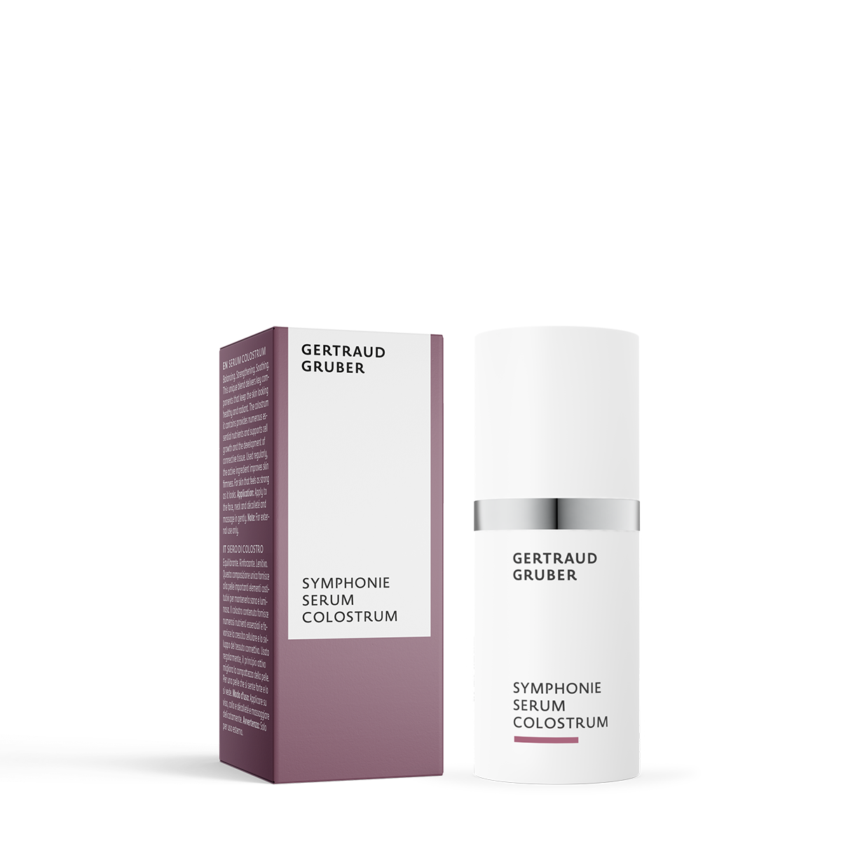 Symphonie Serum Colostrum von Gertraud Gruber Kosmetik als regenerierendes, stärkendes Serum für ein gefestigtes Hautgefühl im Spender mit lila Faltschachtel