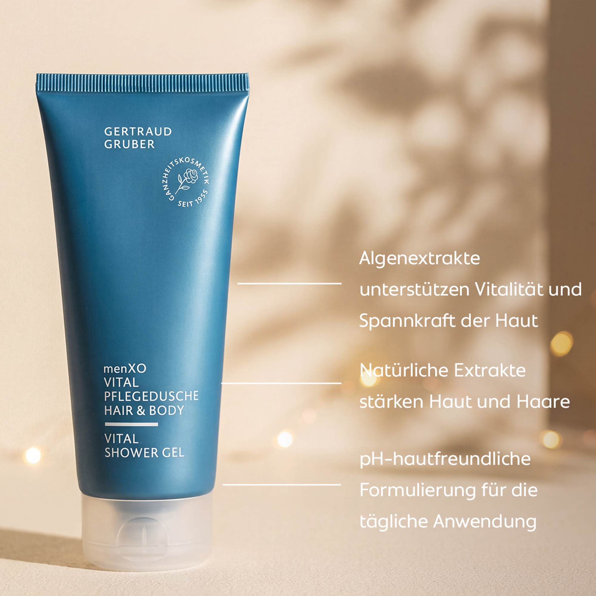 Gertraud Gruber menXO Vital Pflegedusche für Haar und Körper mit Algenextrakten und natürlichen Extrakten in einer blauen Tube; pH-hautfreundlich für die tägliche Anwendung.