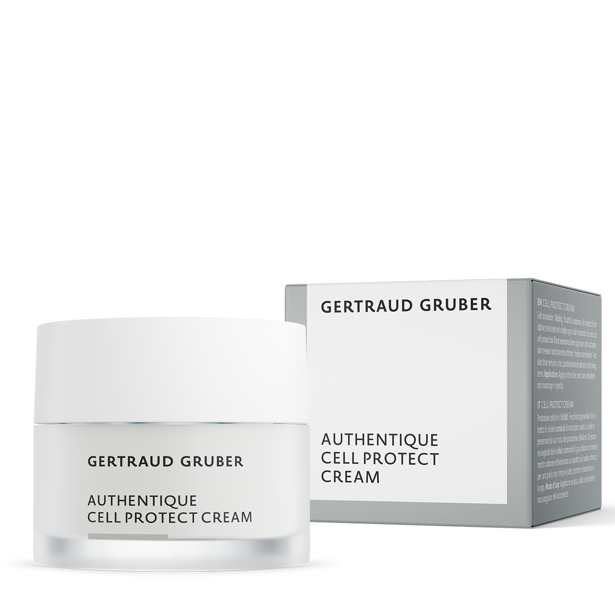 Authentique Cell Protect Creme von Gertraud Gruber Kosmetik in weißem Glas-Tiegel mit grauer Faltschachtel