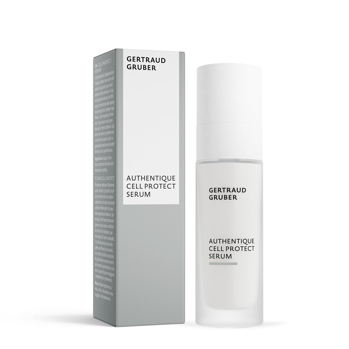 Authentique Cell Protect Serum von Gertraud Gruber Kosmetik in weißem Glasspender mit grauer Faltschachtel