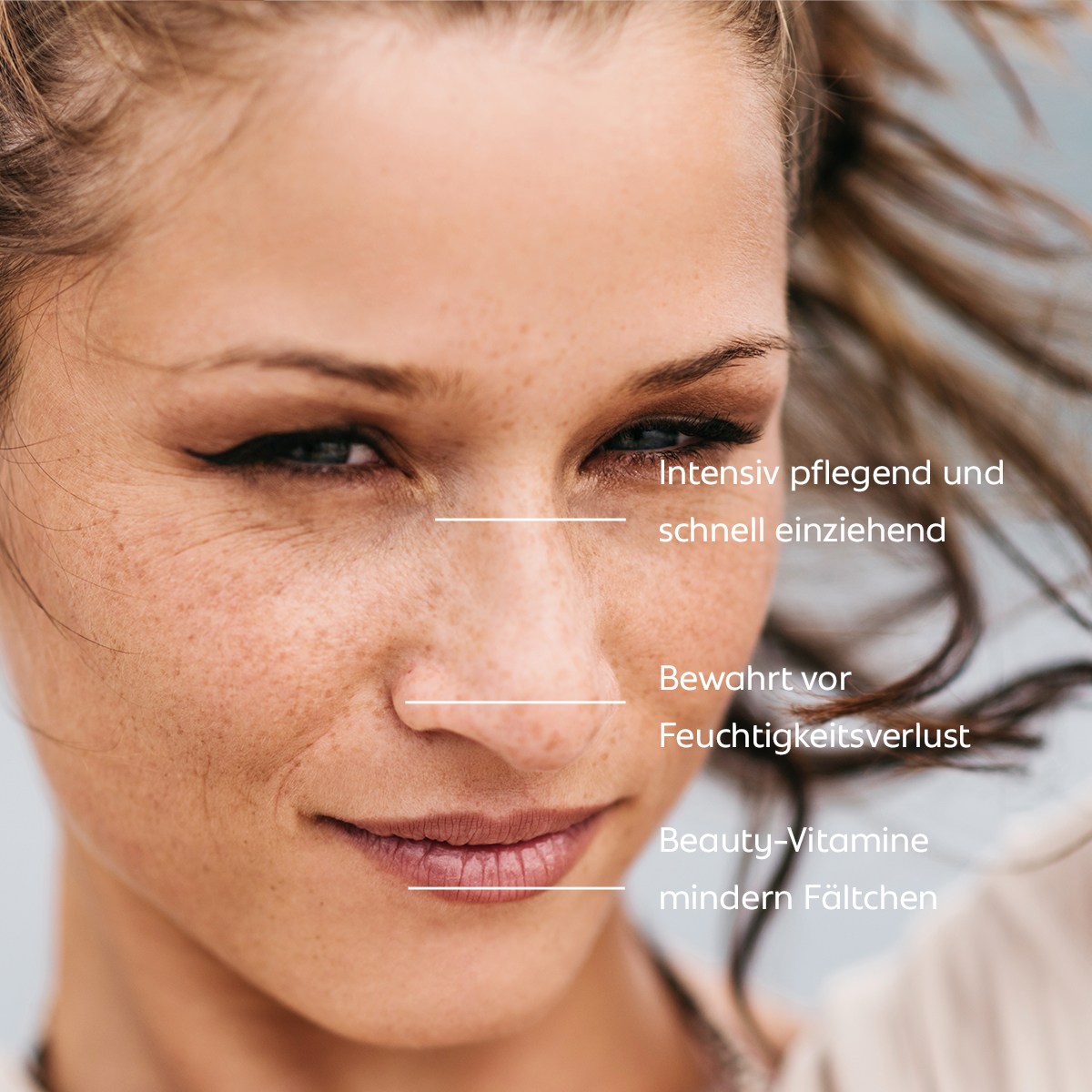 Eine Frau blickt sanft nach unten; der Text beschreibt eine intensiv pflegende, schnell einziehende Formulierung, die vor Feuchtigkeitsverlust schützt und Fältchen sichtbar mindert.