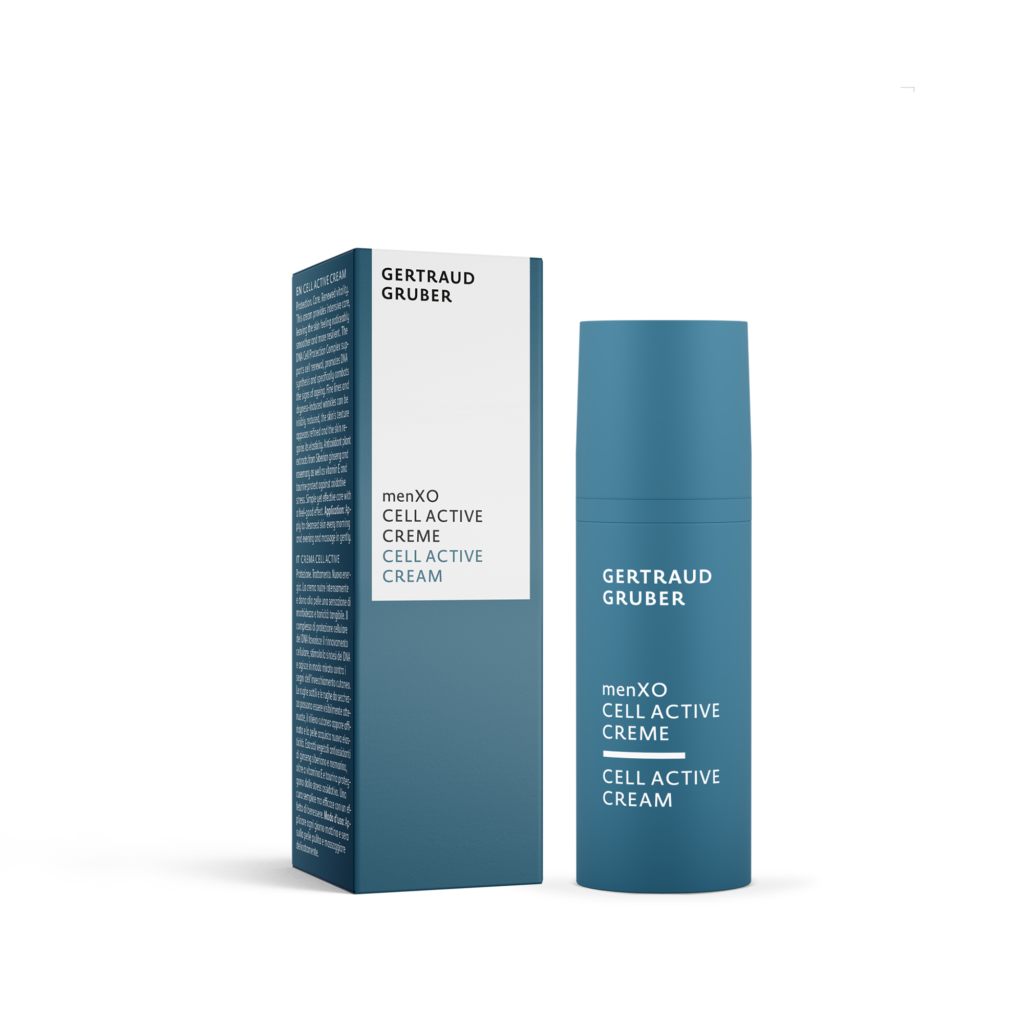 menXO cell active cream in blauem Pumpspender mit Faltschachtel von Gertraud Gruber Kosmetik