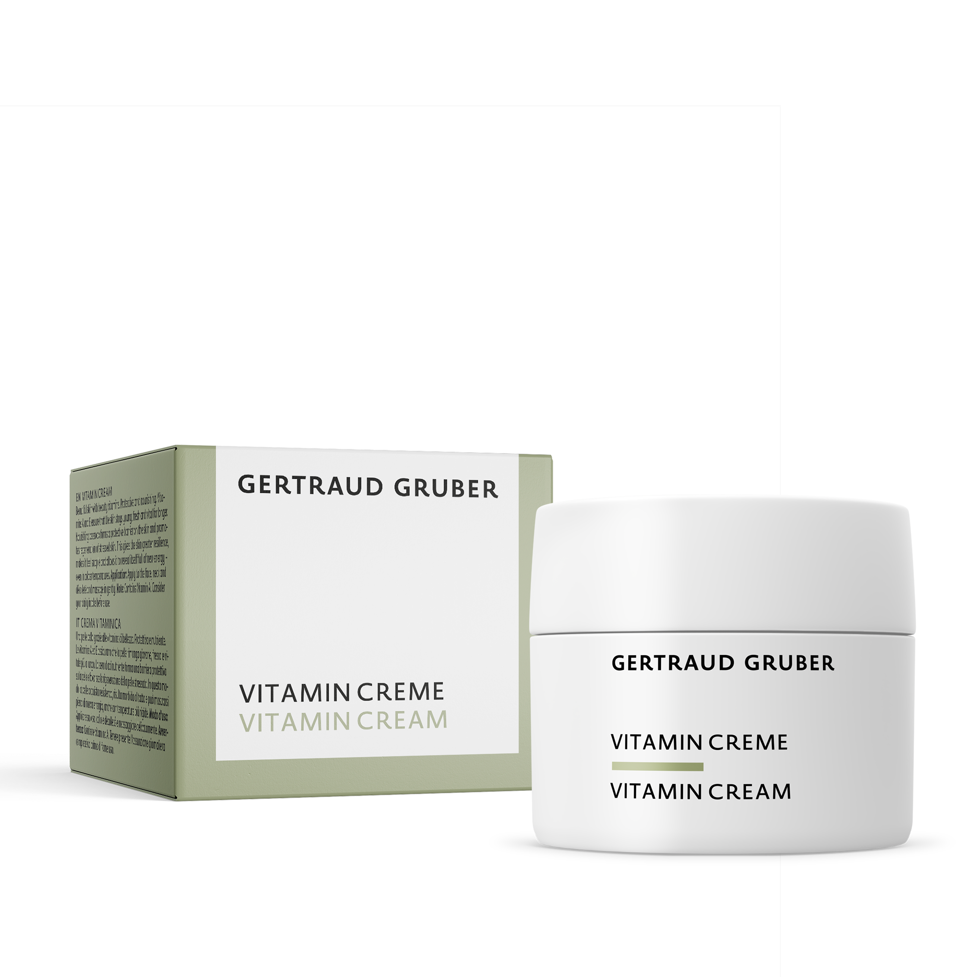 Vitamin Creme von Gertraud Gruber Kosmetik in weißem Tiegel mit grüner Faltschachtel