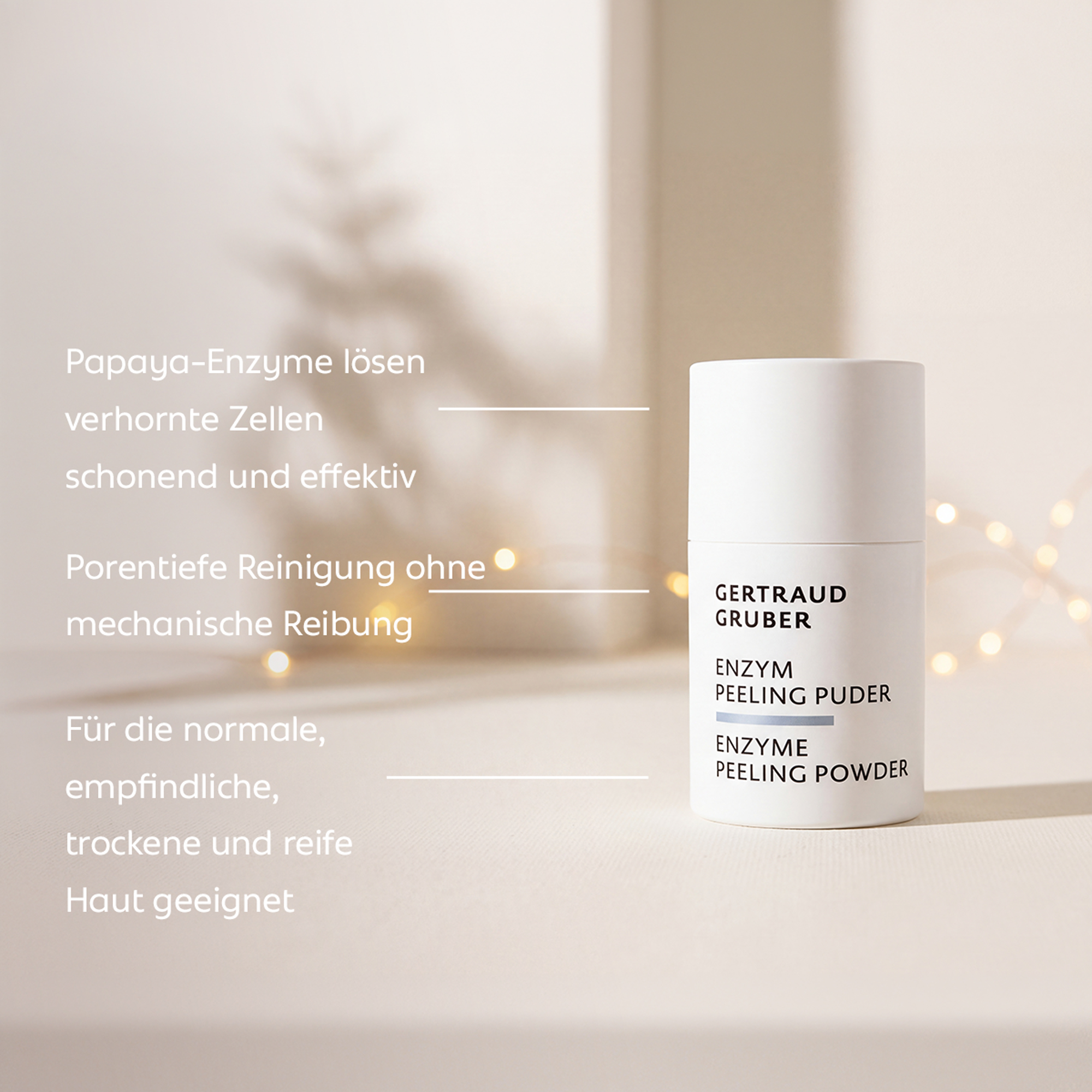 Gertraud Gruber Enzym Peeling Puder mit Papaya-Enzymen für eine sanfte, porentiefe Reinigung ohne mechanische Reibung – auch für empfindliche Haut geeignet.