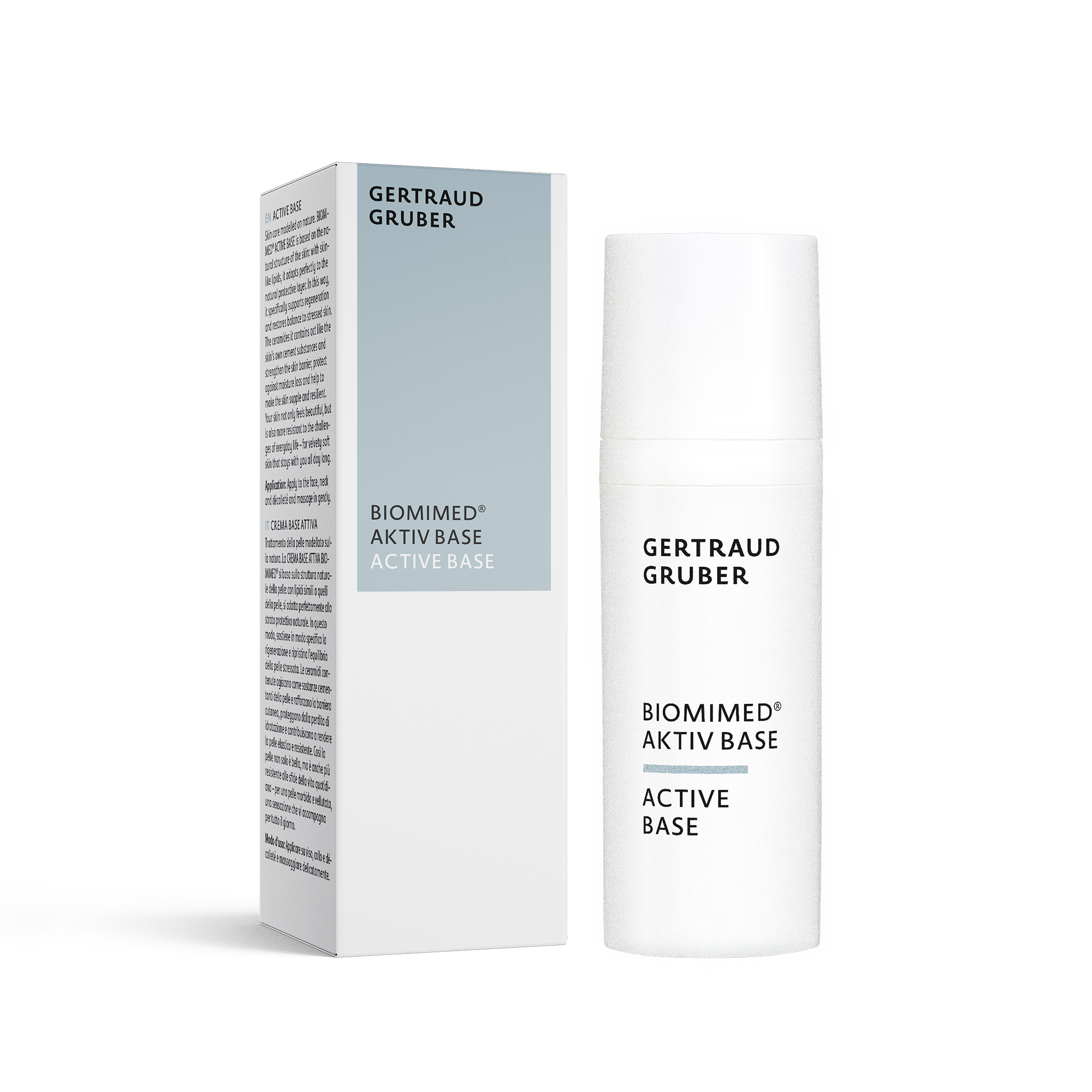 Biomimed Aktiv Base von Gertraud Gruber Kosmetik mit Faltschachtel als stärkende Basispflege für die Haut im Spender