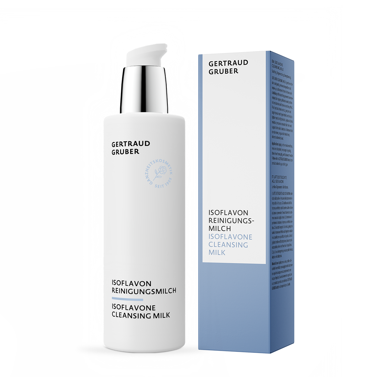 Isoflavon Reinigungsmilch von Gertraud Gruber Kosmetik als sanfte, klärende Reinigung für die tägliche Gesichtspflege im Spender mit blauer Faltschachtel