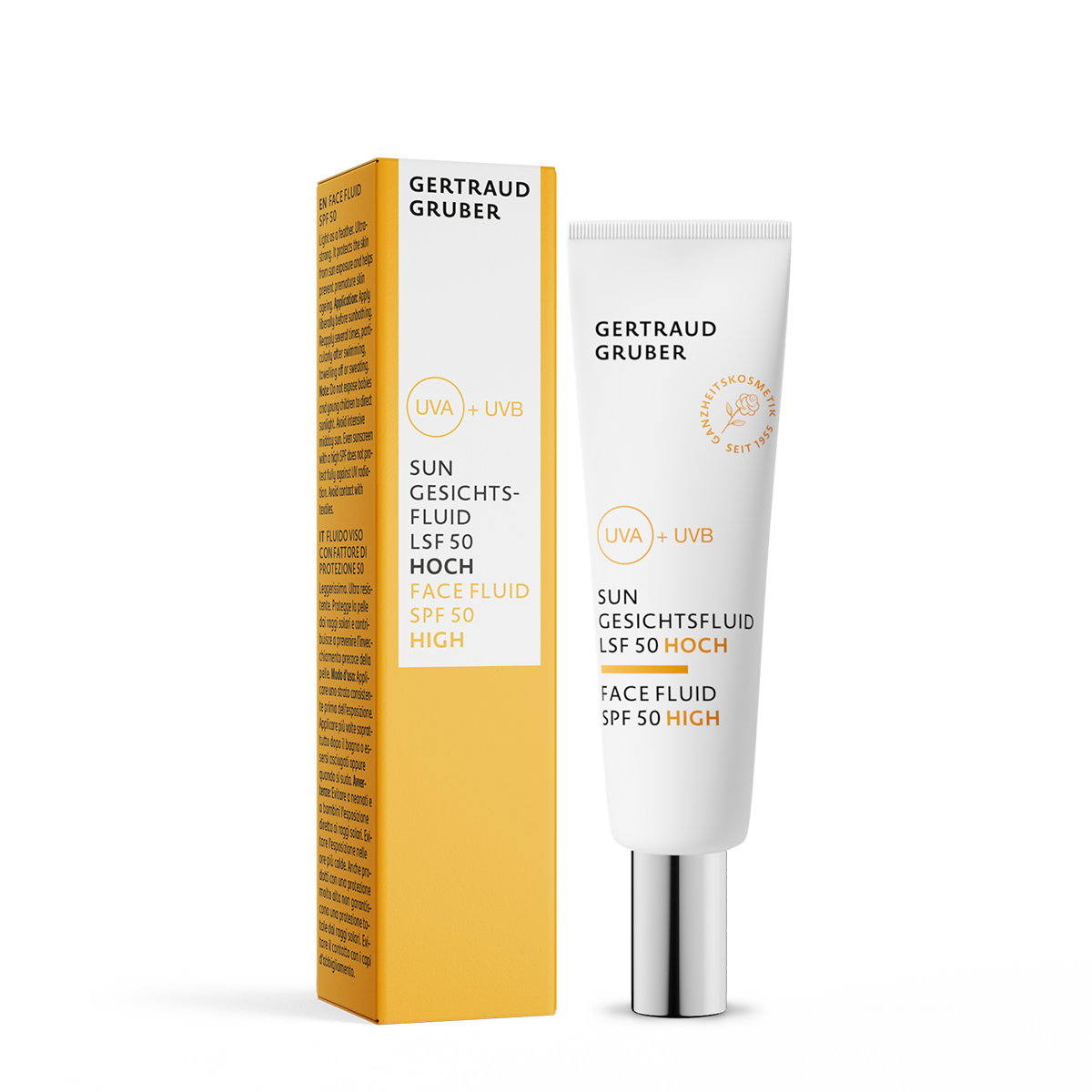 Sun Gesichtsfluid SPF 50 von Gertraud Gruber Kosmetik als schützendes, leichtes Sonnenschutzfluid für das Gesicht mit gelber Faltschachtel