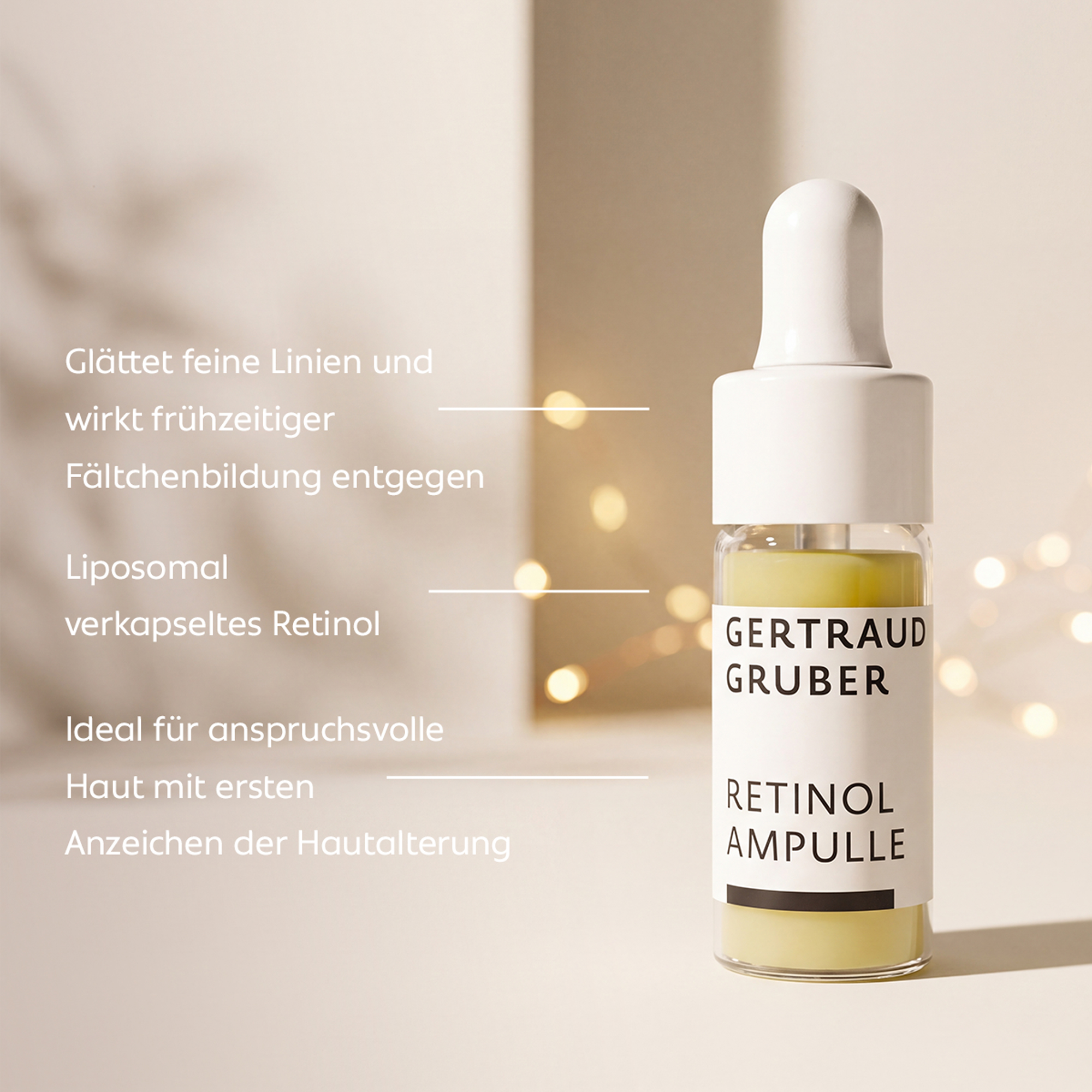 Gertraud Gruber Retinol Ampulle vor warmem Hintergrund – intensive Pflege mit Retinol für glattere Haut und zur Milderung feiner Linien.