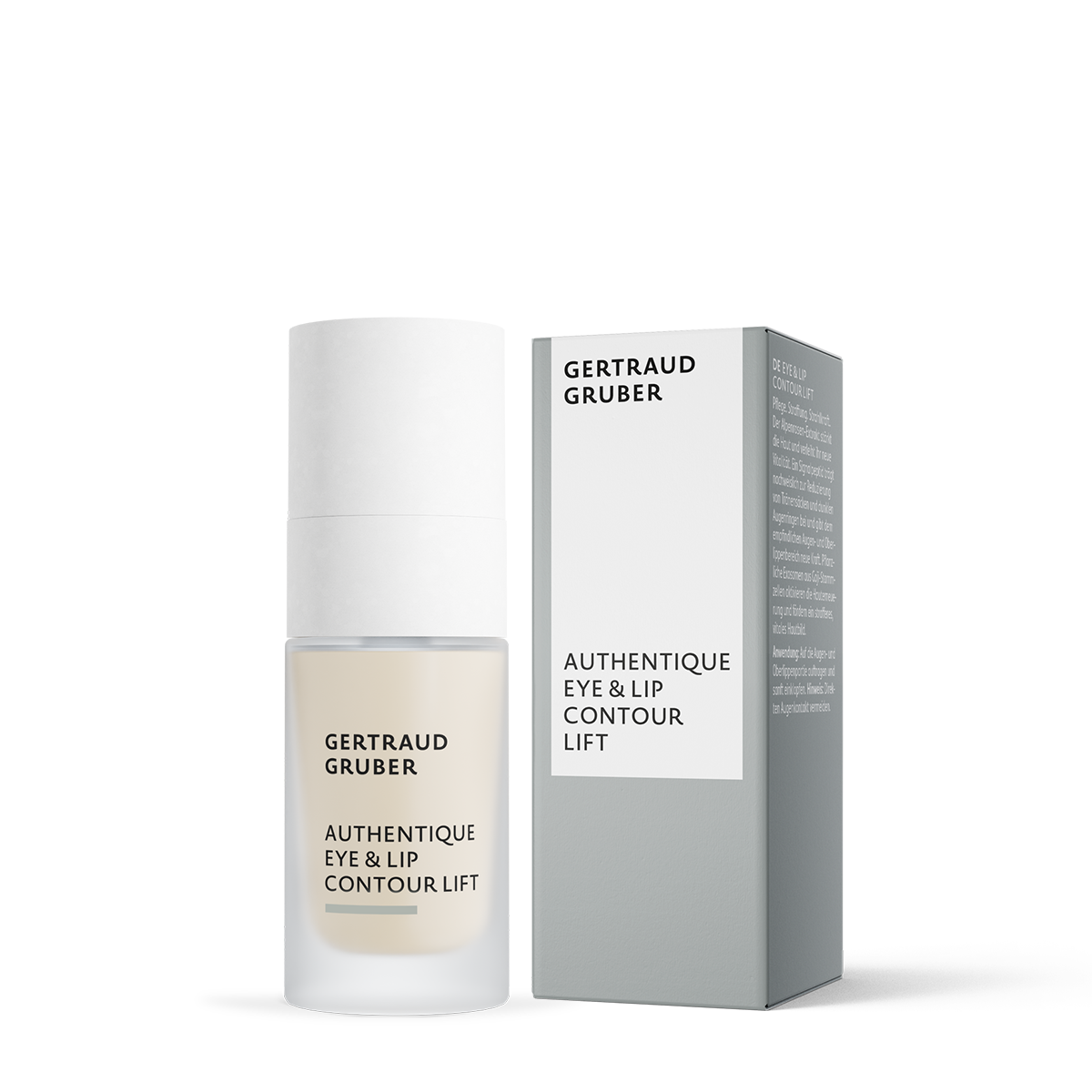 Authentique Eye & Lip Contour Lift von Gertraud Gruber Kosmetik in weißer Glasflasche mit grauer Faltschachtel