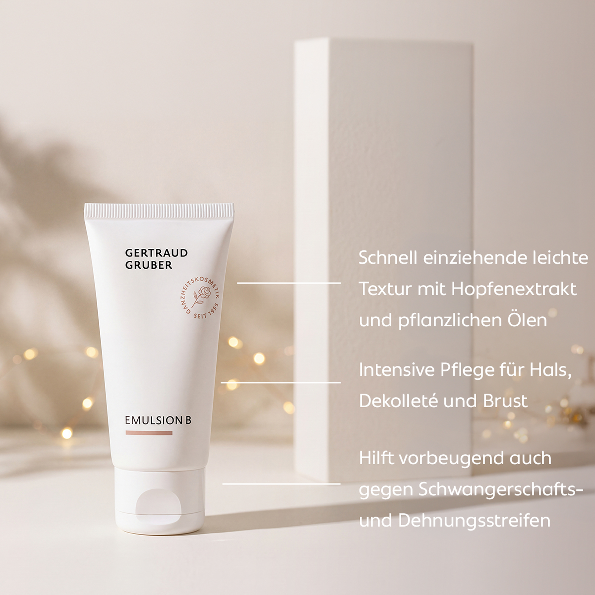 Gertraud Gruber Emulsion B vor warmem Hintergrund – leichte Pflege mit Hopfenextrakt und pflanzlichen Ölen für Hals, Dekolleté und Brust.