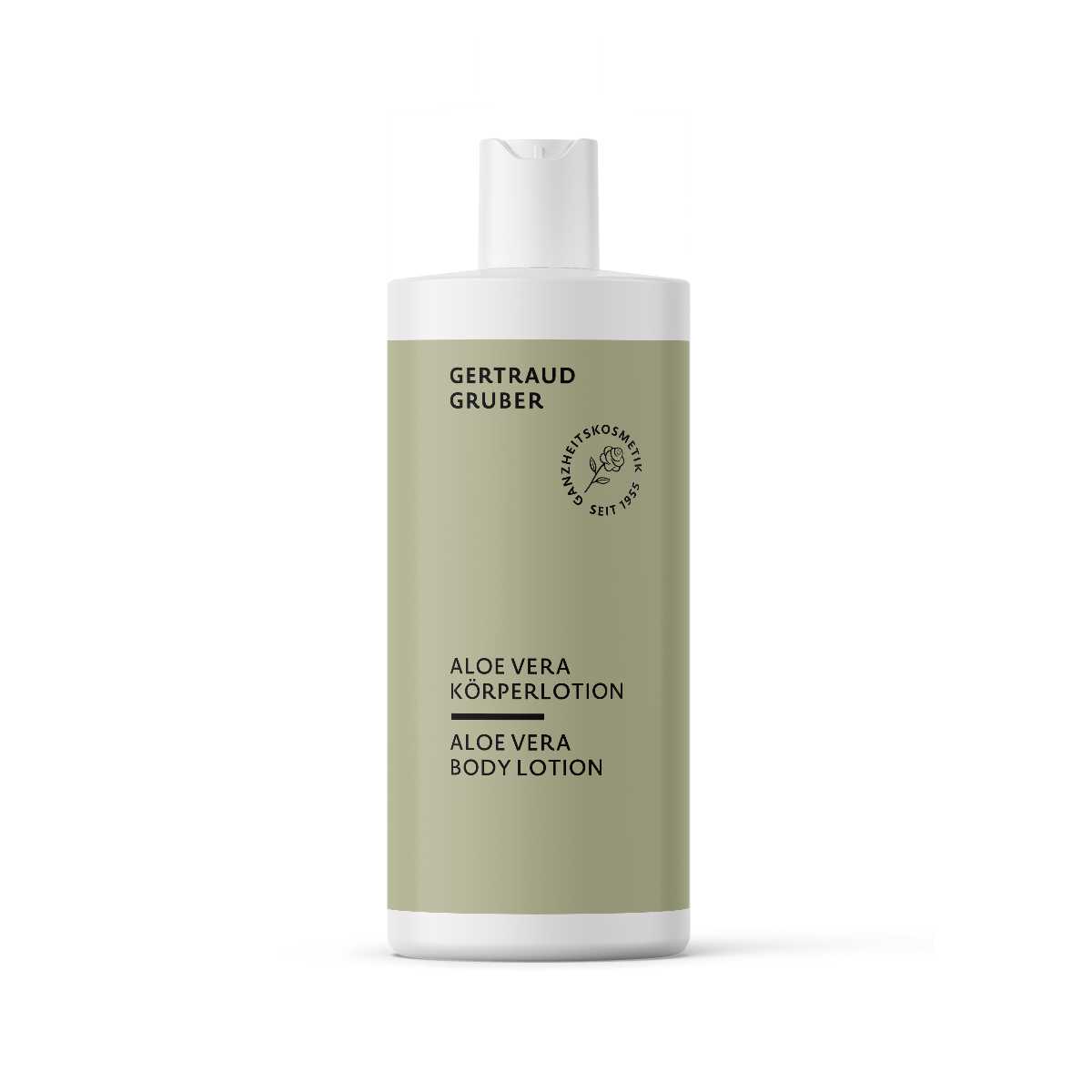 Aloe Vera Körperlotion von Gertraud Gruber Kosmetik als feuchtigkeitsspendende, beruhigende Pflege für geschmeidige Haut in der Flasche
