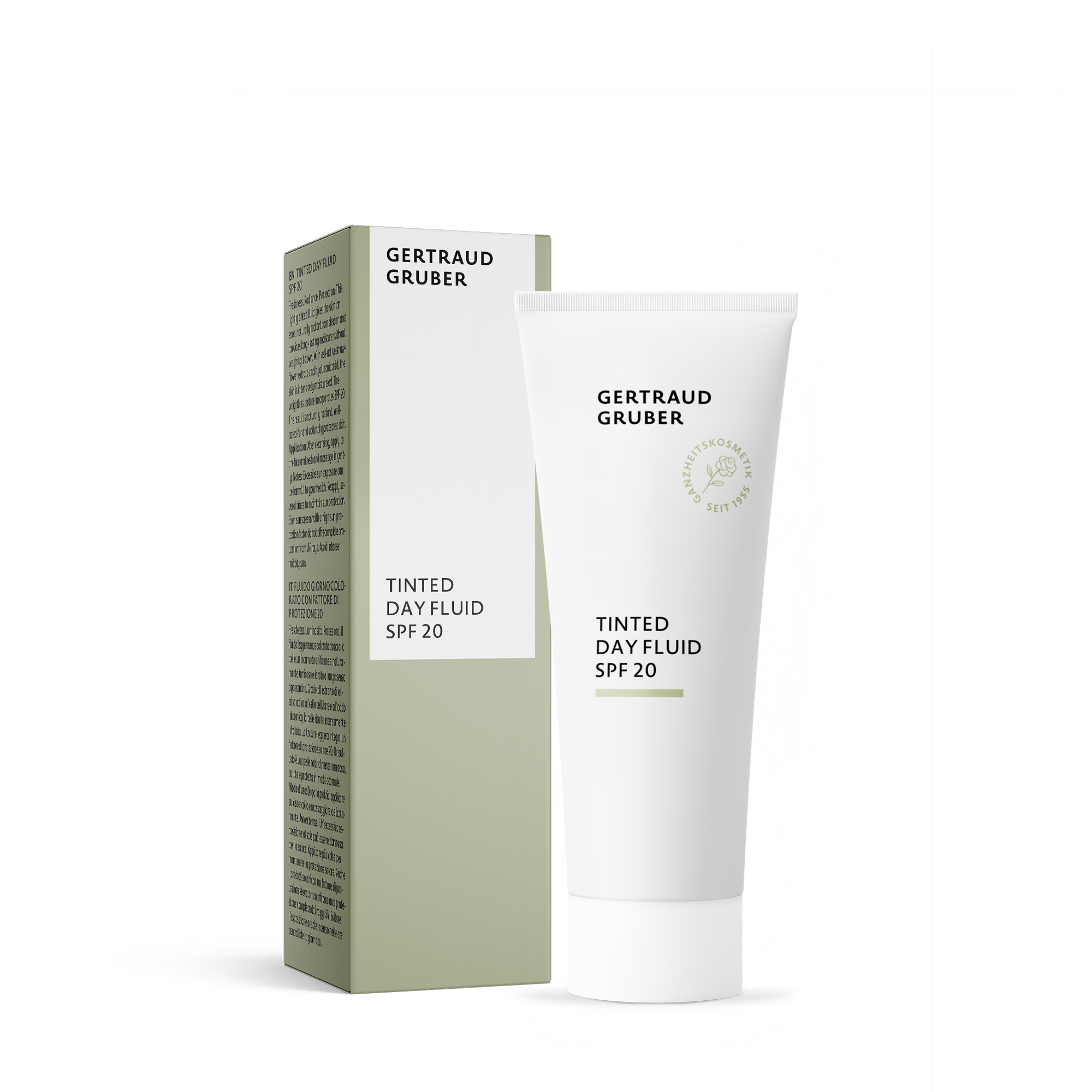 Tinted Dayfluid LSF20 mit grüner Faltschachtel von Gertraud Gruber Kosmetik in weißer Tube