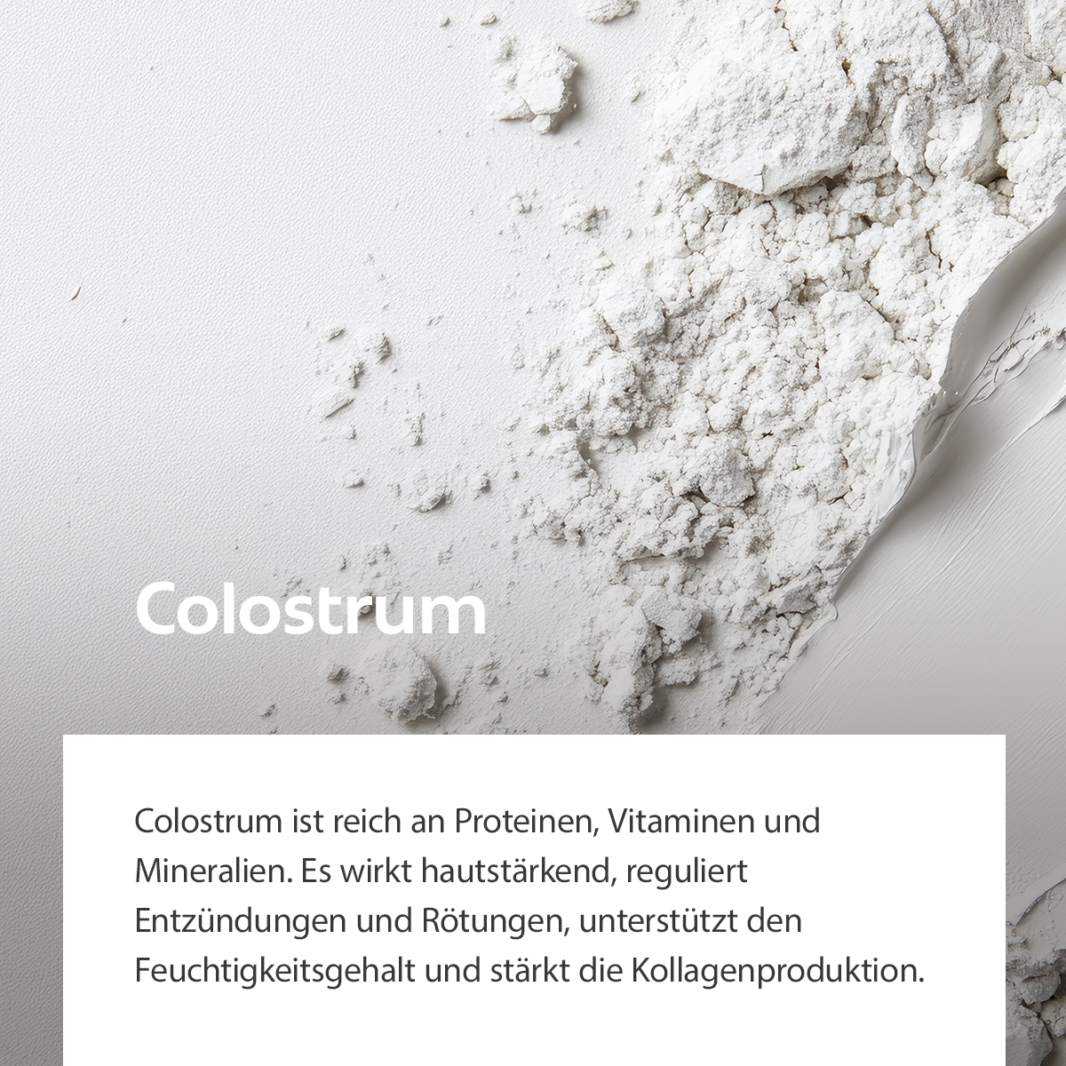 Weiße Pulvertextur, Sinnbild für proteinreiche, stärkende und regenerierende Pflege
